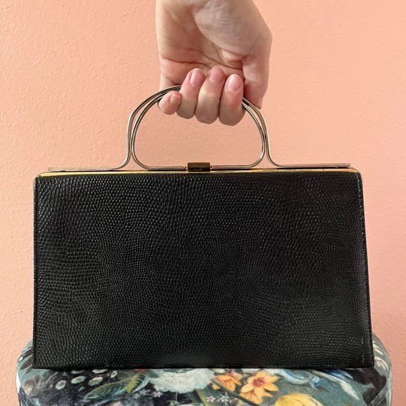 Vintage Black Faux Snake Skin Handbag with Gold Tone Metal Handle - Picture 3 of 3